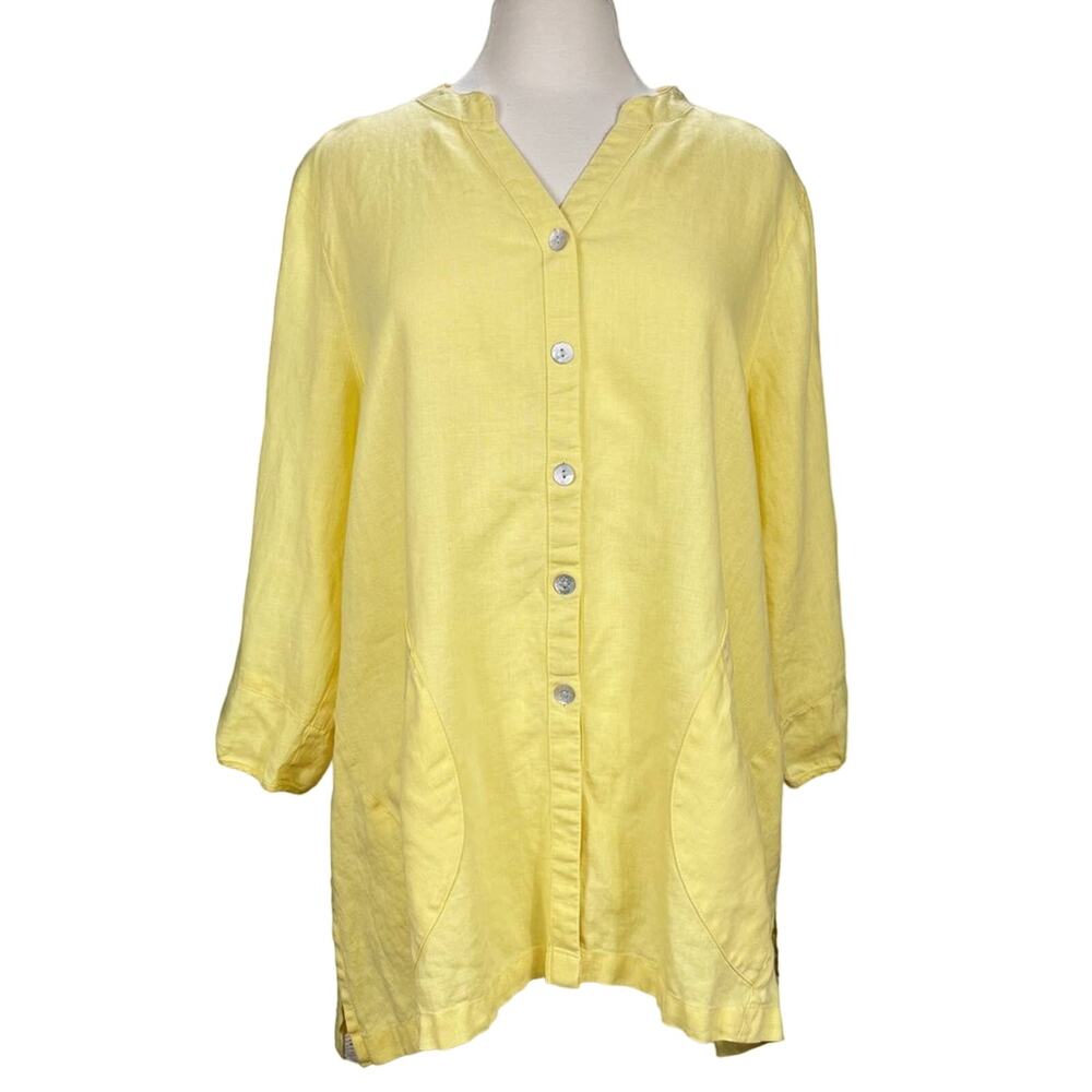 Multiples Long Sleeve Collarless Button Down Top Yellow 100% Linen XL Breathable